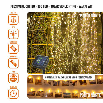 Feestverlichting - LED - Solar verlichting voor buiten - 10 meter - Warm Wit - Gratis LED Foto Knijpers