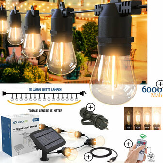 El Jardin - Tuinverlichting - Solar panel - 15 meter - 15 Lampen - Warm wit - Zonne energie + Afstandbedining + Stroomkabel - Extra hoog ACCU opslag 6000 MAH - Dimbaar