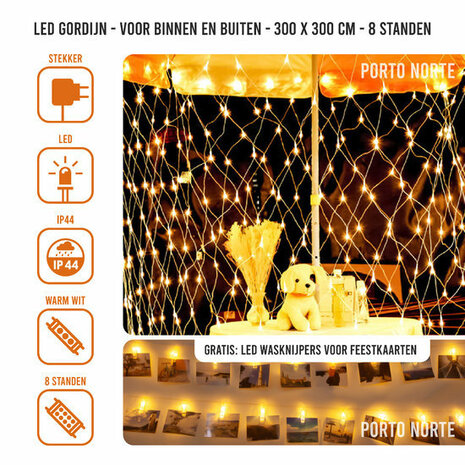 Lichtgordijn 200*200 - 150*150 - Gratis LED Foto Knijpers - 144 LED Warmwit - Lichtnet -  kerstverlichting - Netverlichting