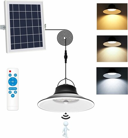 El Jardin - Hanglampen op zonne-energie, met bewegingssensor, 3000 K/4500 K/6000 K, voor binnen en buiten, 5 m lange kabel, 4 modi, IP65 waterdicht