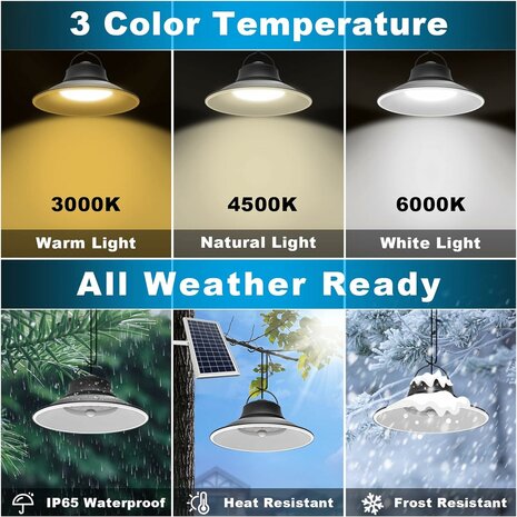 El Jardin - Hanglampen op zonne-energie, met bewegingssensor, 3000 K/4500 K/6000 K, voor binnen en buiten, 5 m lange kabel, 4 modi, IP65 waterdicht